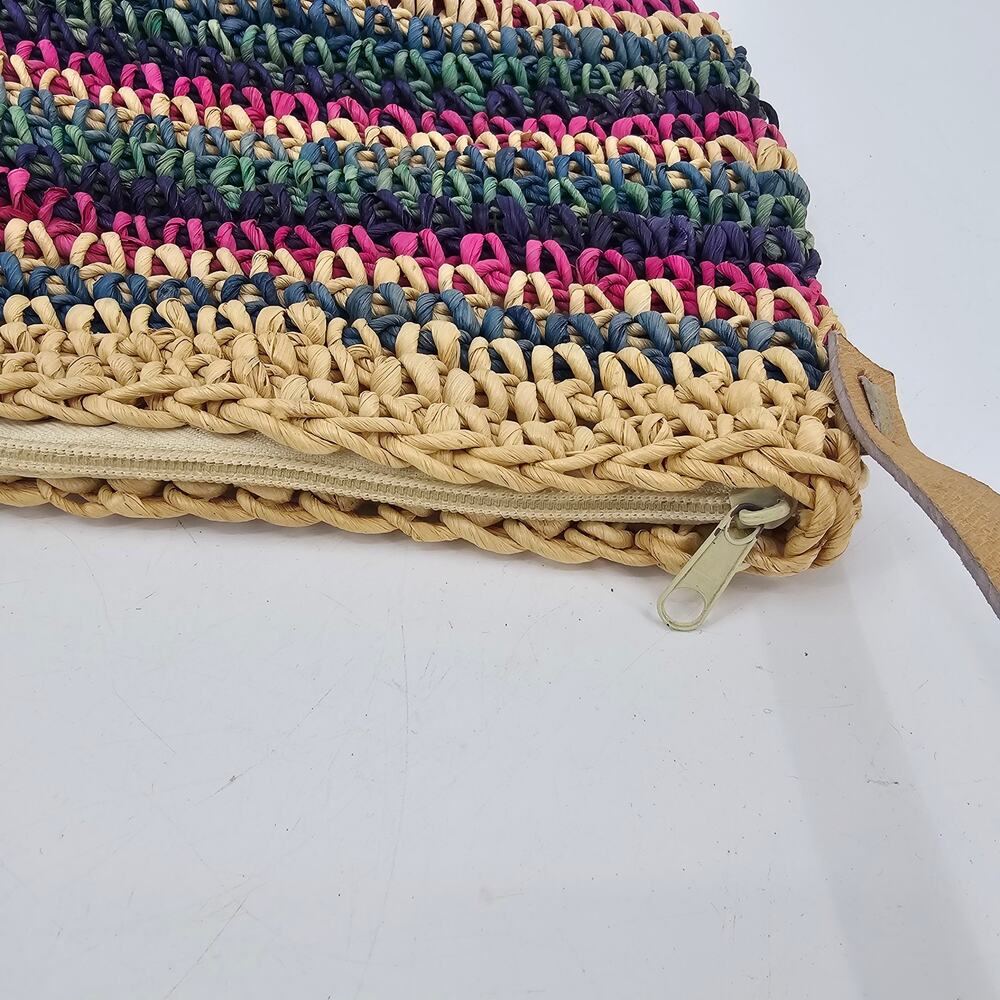 Vintage Crochet Cornhusk Leather Boho Beach Tote Bag Purse Striped Bohemian - Picture 6 of 8